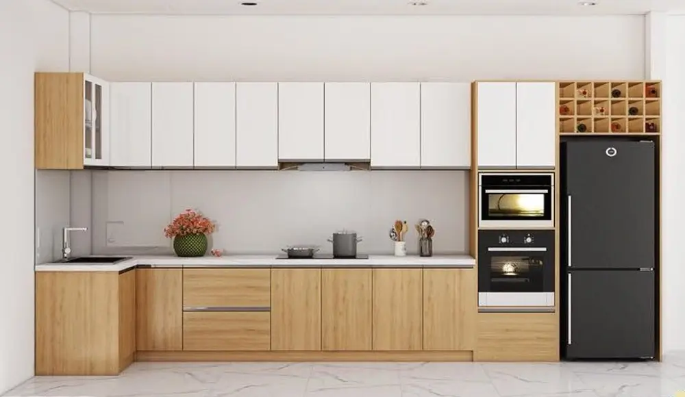 Gỗ MDF phủ melamine thường xuyên được chọn để làm tủ bếp và kệ nhờ vào khả năng chống trầy, dễ lau chùi và đa dạng màu sắc cũng như hoa văn.